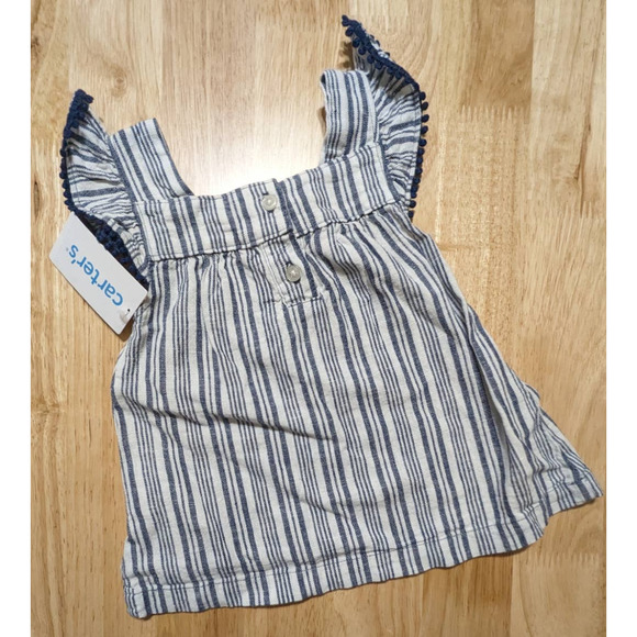 Carters Baby Girl Blue White Top Ruffle Sleeves Striped Linen Shirt Size 12M - Picture 4 of 6